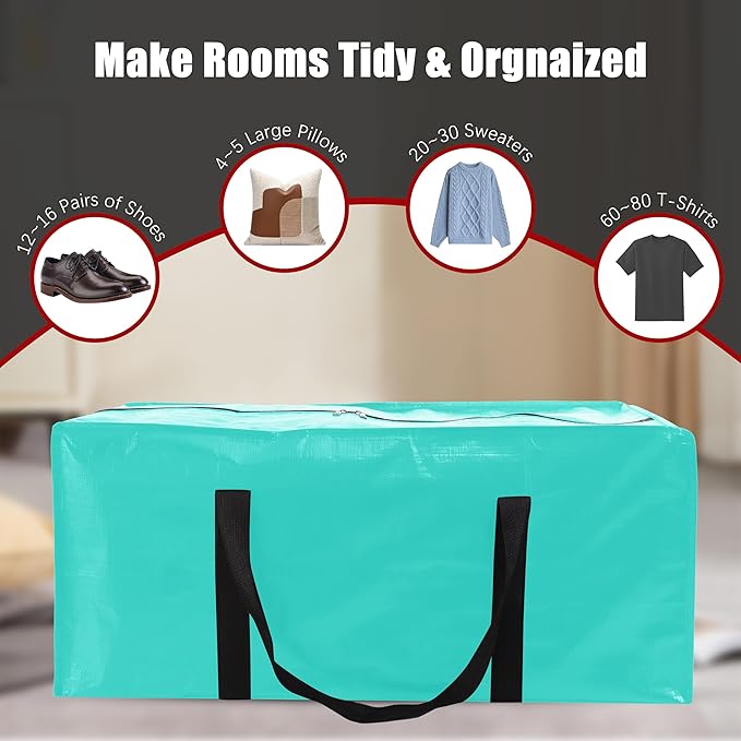 8 Pack Extra Large Moving Bags with Zippers & Carrying Handles, Heavy-Duty Storage Tote for Space Saving Moving Storage, Fold Flat, Alternative to Box and Bin,Aquamarine