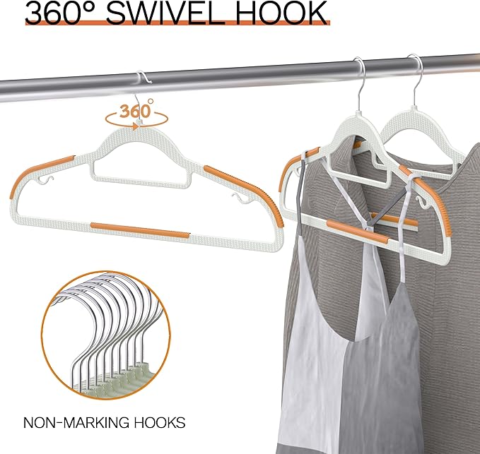 20 Pack Heavy Duty Plastic Hangers, Non Slip Clothes Hangers with Rubber Pads and 360° Hook - Thin Space Saving Hanger, Closet Organizer for Shirt, Pants, Suit, Skirt, Coat - Orange