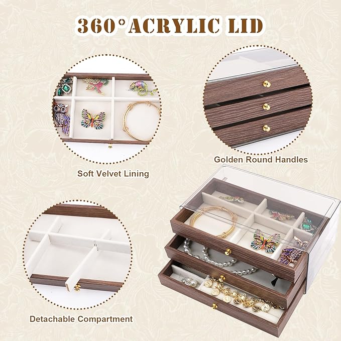 3 Layer Wooden Drawers Jewelry Box Vintage Style Jewelry Organizer with Acrylic Cover, Jewelry Storage Display Box for Ring Earrings Necklace Bracelet Box for Women and Girls Farmhouse Style Wood