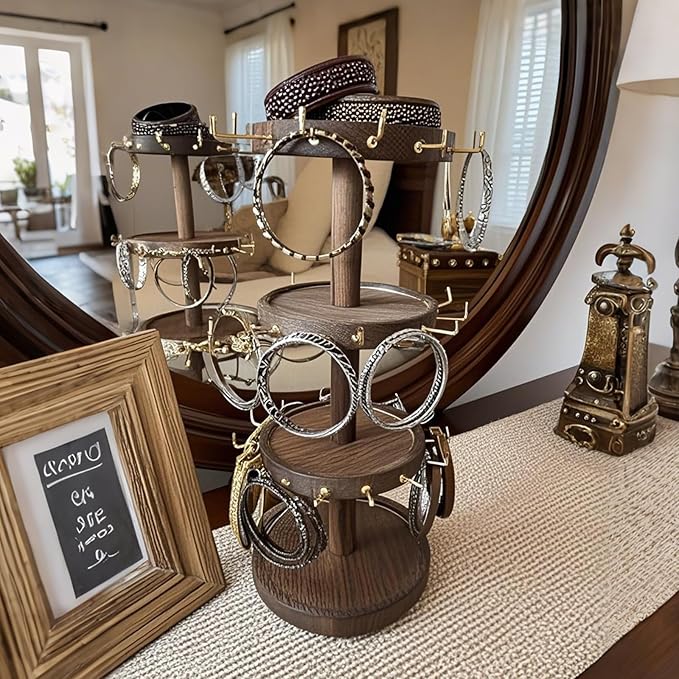 Lolalet 4 Tier Bracelet Holder, Wooden Rotating Bangle Display Stand with 42 Hooks and Tray Base, 360 Degrees Rotatable Rustic Tree Storage for Bracelets Key Chains Small Accessories -Darkbrown