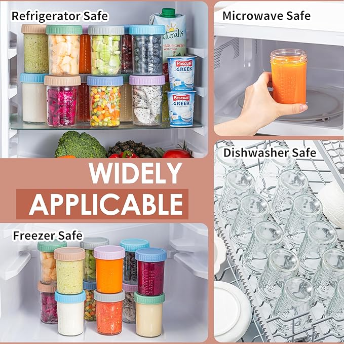 DRKIO 12 Pack Glass Baby Food Storage Containers - 8 Oz Baby Food Jars with Lids Baby Food Maker Microwave Dishwasher Freezer Safe 100% Leak Proof BPA Free Reusable