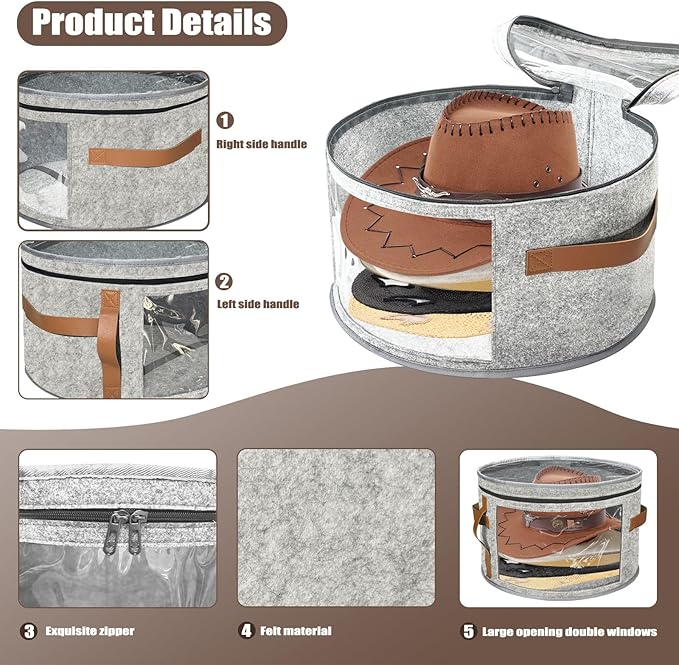 STARGAZ Hat Organizer Box, Stackable Hat Box for Women Storage, Large Felt Cowboy Hats Storage Boxes, for Straw Hats, Baseball Cap for Men With Clear Dust Proof Lid, for Closet (Light Gray)