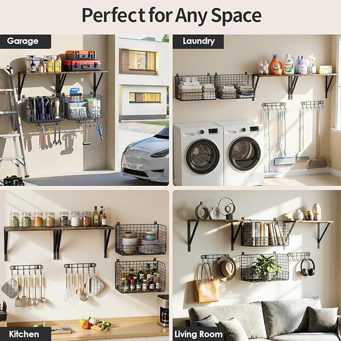 Housolution Garage Shelving Wall Mounted, Heavy-Duty Garage Wall Shelving with Baskets & Hooks Supports up to 154 LBS in Total, Tool Storage Organizer for Home, Garden, Kitchen, Laundry Room