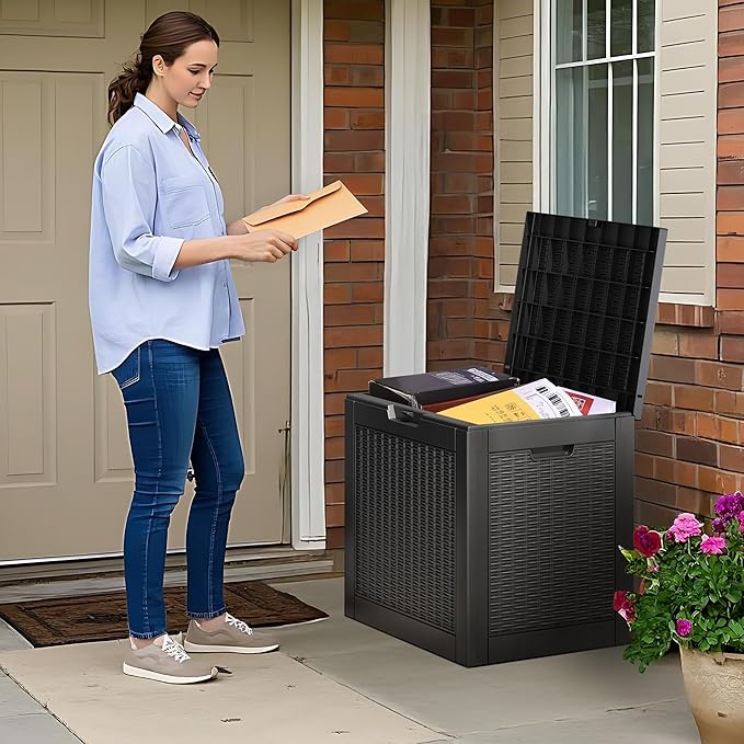 Outdoor Storage Box, Resin Deck Boxes Indoor and outdoor, Waterproof Storage Box Lockable Lid (Black,32 Gallon)