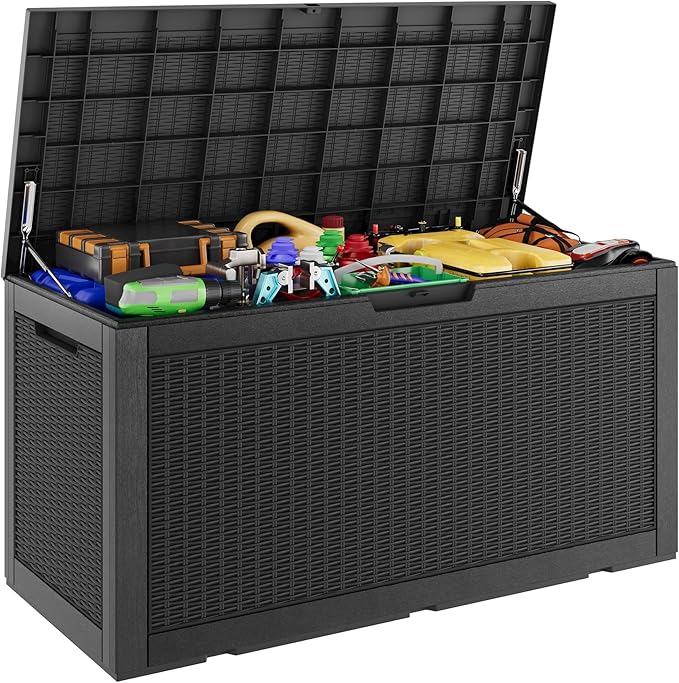 Oudoor Storage Deck Boxes Waterproof, Waterproof and UV Resistant Outdoor Storage Box Lockable Lid for Delivery Box, Indoor, Garden Tools, Pool Supplies, Patio (Black, 110 Gallon)
