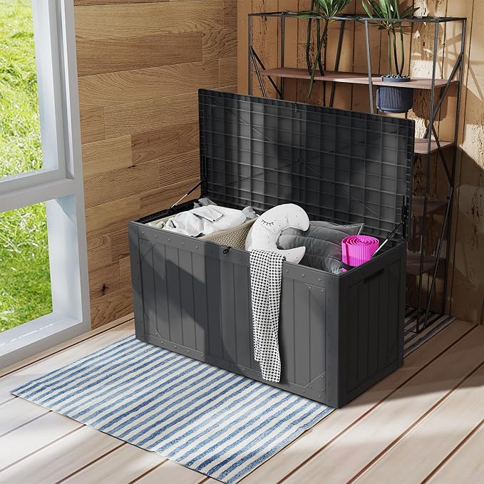 Outdoor Storage Box Waterproof, 100 Gallon Lockable Resin Deck Box Large Storage Bin for Patio Furniture Cushion, Garden Tools, Pool Accessories, UV-Resistant Outside Delivery, Black