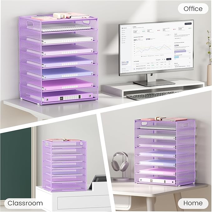 Lavatino 8-Tier Office Desk File Organizer, Letter Tray Paper Organizer with Handle, Including 5 Adjustable Slide Trays for Organizing Desktop Workspace Accessories and Supplies (Purple Metal Mesh)