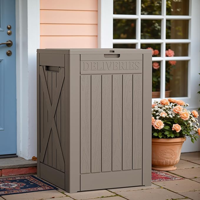 Greesum 52 Gallon Large Outdoor Package Delivery Box for Porch, Lockable Secure Double-Wall Resin Storage Box, Waterproof Deck Box for Package Protection, Light Coffee