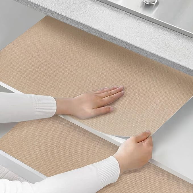 Shelf and Drawer Liner for Kitchen Cabinets Non-Adhesive, Strong Grip Non-Slip Thickened Cabinet Liners for Shelves, Waterproof Mats for Dresser Cupboard, Khaki, 12 in x 10 Feet
