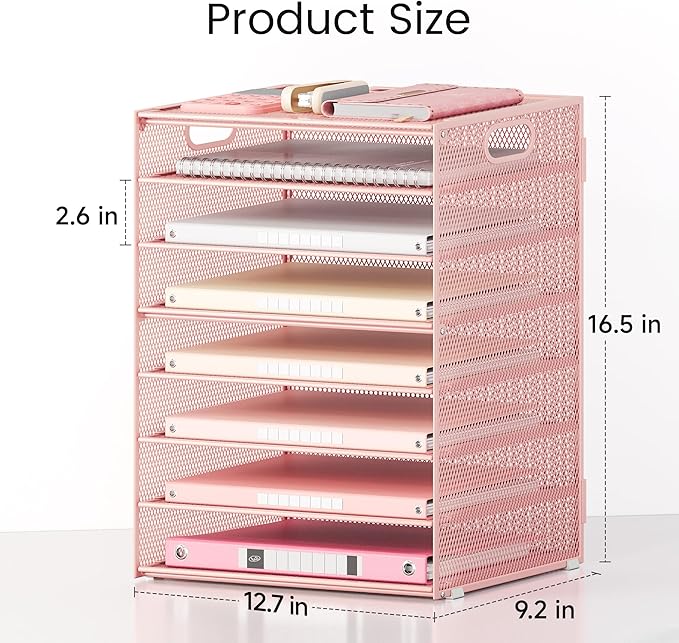 Lavatino 2 Pack 8-Tier Office Desk File Organizer, Letter Tray Paper Organizer with Handle, Including 5 Adjustable Slide Trays for Organizing Desk Workspace Accessories and Supplies (Pink Mesh)
