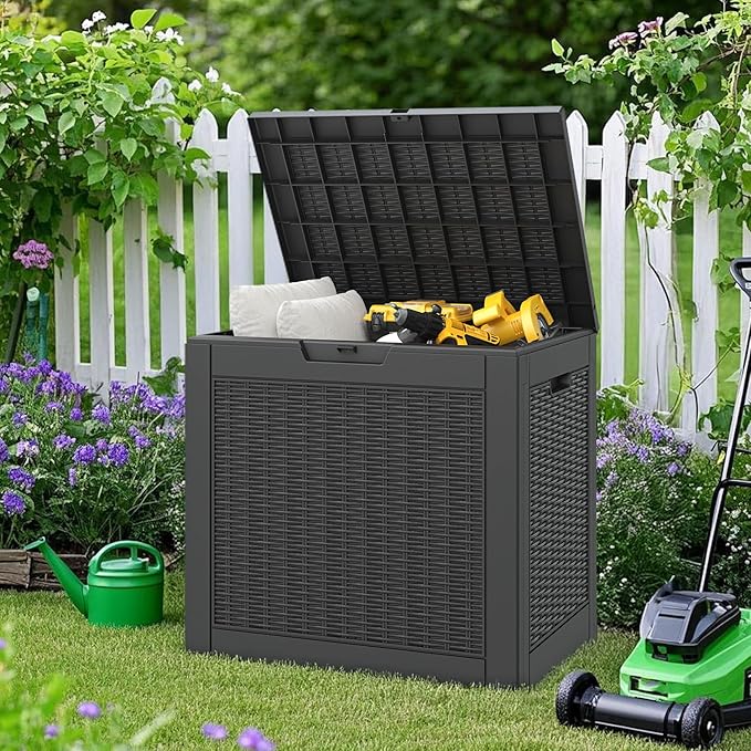 NUNU LAB 30 Gallon Outdoor Storage Box Waterproof, Outside Package Delivery Deck Boxes with Lockable Lid, Backyard Storage Bin For Garden Tools, Patio Cushions Accessories, Black