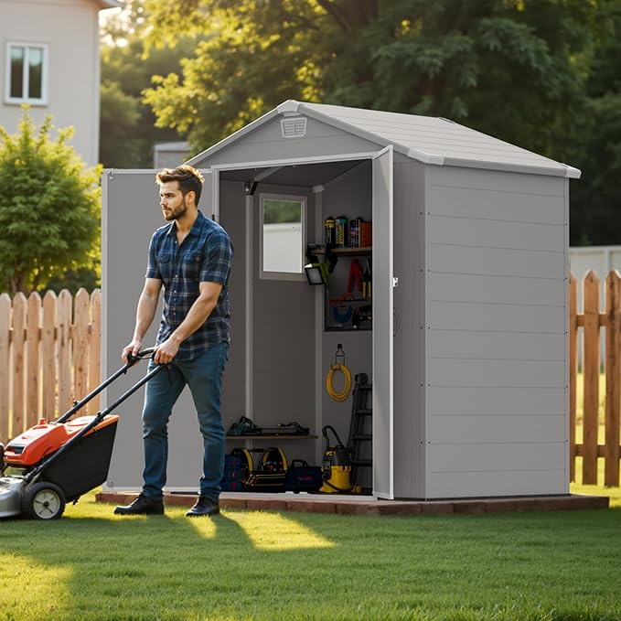 Greesum 6x4FT Plastic Outdoor Storage Shed with Floor, Resin Sheds with Lockable Double Door, Tool Sheds with Window and Vents, for Garden, Backyard, Patio, Light Gray