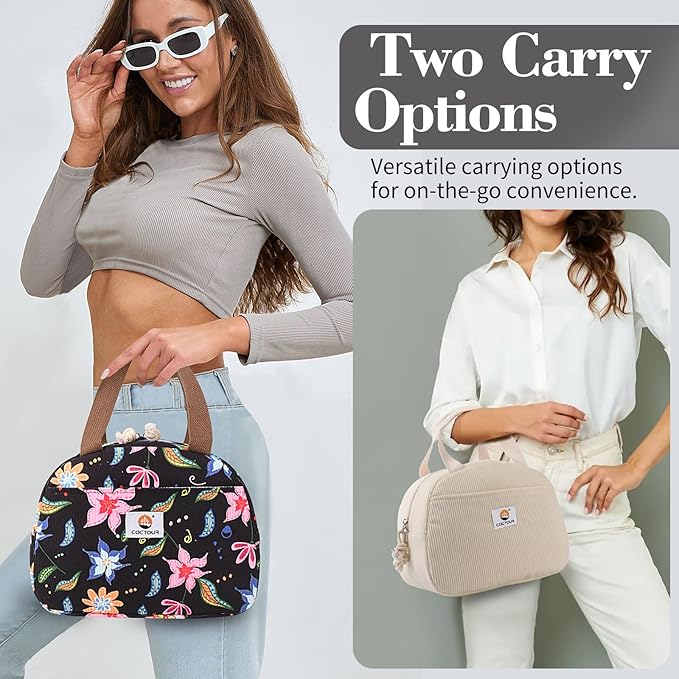 Lunch Box Lunch Bag for Women Girls Teens, Cute Lunch Box Cooler Bag, Portable Small Insulated LunchBox Reusable Corduroy Lunch Tote for Work/Travel/Picnic/School - Floral