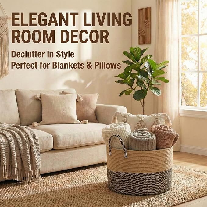 65L Extra Large Blanket Basket for Living Room - Woven Cotton Rope Laundry Hamper with Reinforced Handles - Storage Bin for Pillows, Comforters & Toys - Machine Washable,Jute&Black
