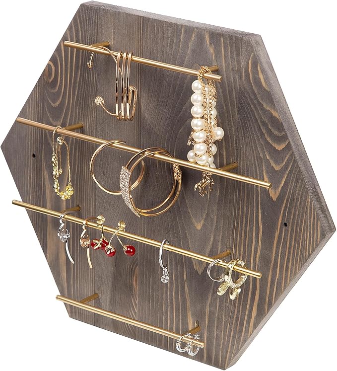 Rustic Style Wall Mount Jewelry Hanger Rack Vintage Back Wood Board 4 Tier Brass Bars Display Holder Necklace Ring Bracelet Ring Earring Watch Organizer Home Boutique Shop Vanity Dresser