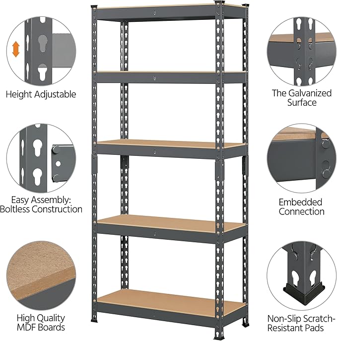 Topeakmart 5-Tier Utility Shelves, Metal Storage Shelves, Adjustable Shelving Units, Boltless Assembly, Garage Shelves Shed Shelving for Warehouse Garage Shed Basement- Dark Gray, 27.5 x 12x 60 Inch