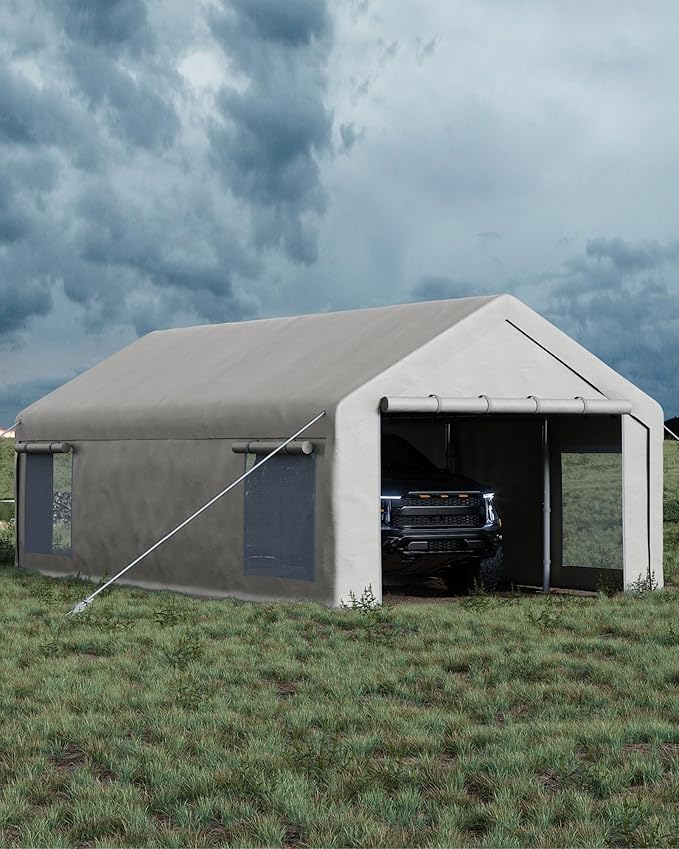 GarveeLife 13x25 ft Portable Garage, Car Port with 220 g PE Tarp Cover, with Front & Rear Roll-Up Doors and 4 Windows, for Temporary Paint Booth, Boats&Pickups Shed, and Event Shelter, White