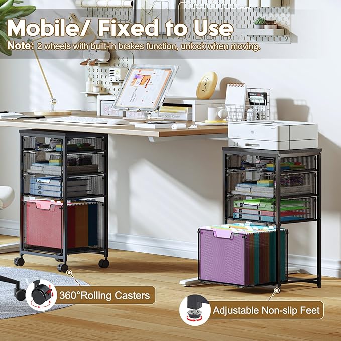 Rolling File Cart with 4 Storage Drawers, Filing Cabinet for Home Office, Hanging File Folder Organizer with Wheels Under Desk, Utility Craft Cart Printer Stand, Black