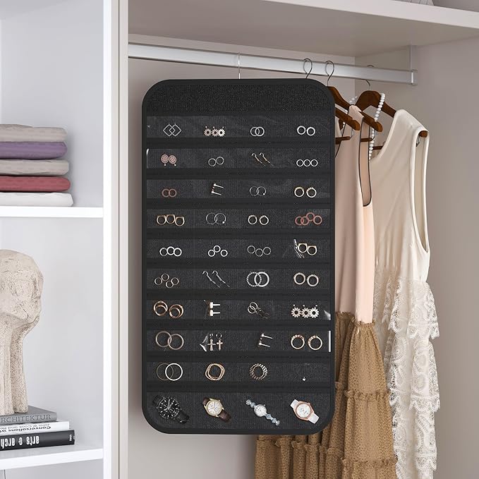 1 Pack Hanging Jewelry Organizer 80-Pocket Dual-sided Jewelry Storage for Earring Necklace Bracelet Ring Travel Holder, Black