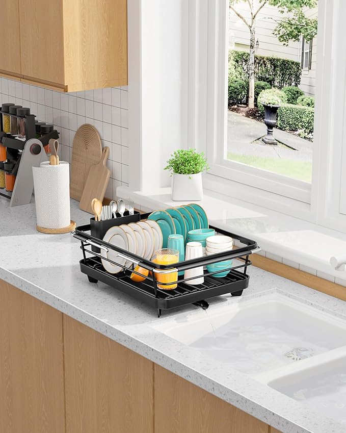 Extendable Dish Drying Rack Over Sink with Dish Drainer, Sink Organization and Storage Essentials with Silverware & Utensil Holder, Home and Apartment Decor, 12" W x 16.1~23" L, Black