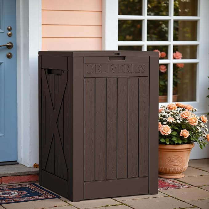 Greesum 52 Gallon Large Outdoor Package Delivery Box for Porch, Lockable Secure Double-Wall Resin Storage Box, Waterproof Deck Box for Package Protection, Brown