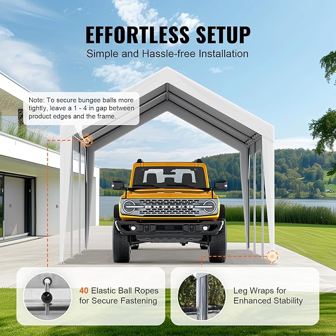 VEVOR Carport Replacement Canopy Cover, 10 x 20 ft, Ripstop Triple-Layer PE Fabric Garage Top Tarp Shelter Cover, UV Resistant Waterproof Car Cover Tent for Carports (Frame is not Included), White