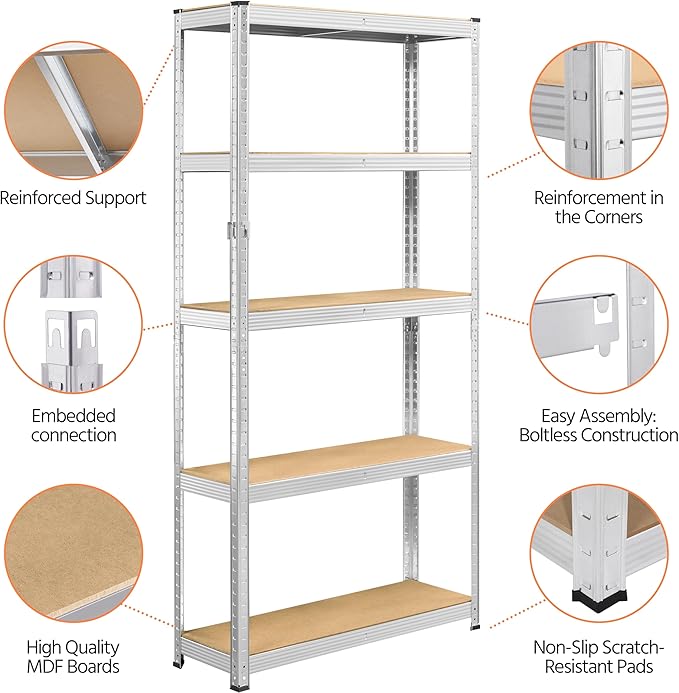 Topeakmart 5-Tier Utility Shelves, Metal Storage Shelves Garage Shelving Unit Adjustable Garage Storage Shelves Storage Racks Heavy Duty Shed Shelving- Silver, 35.5 x 12 x 71 Inch