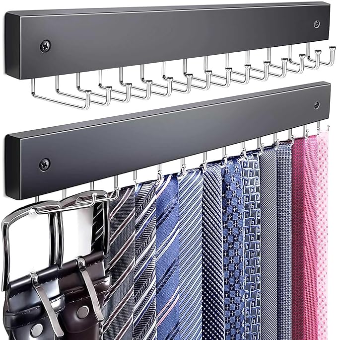 2Pack Tie Rack Wall Mounted, Wooden Belt Hanger Tie Organizer for Men with 28 Folding Hooks, Space Saving Tie Holder and Belt Rack for Closet Wall Mount, Black