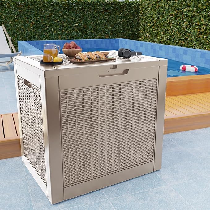 37 Gallon Outdoor Deck Box, Lockable Waterproof Outdoor Storage Boxes For Garden Tools,Indoor Cushions,Accessories Outside Storage Resin Weatherproof Container(Grey)