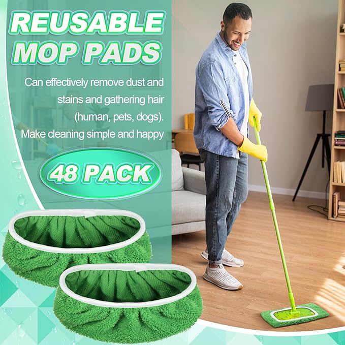 Nuogo Reusable Wet Mop Pads Refills Compatible with Swiffer Sweeper Mops Household Cleaning Tools Washable Mop Pads for Wet & Dry Use（48）