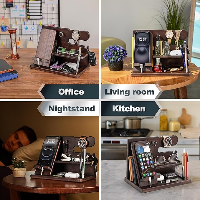 TESLYAR Wood Phone Docking Station for Men - Desk or Nightstand Organizer - Birthday Gifts for Husband, Dad - Anniversary Idea from Wife - Key Holder, Stand Wallet, Watch & Essentials (Wenge)
