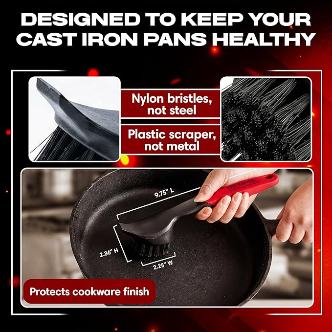 Cast Iron Scrub Brush & Scraper, Dish Scrubber Brush with Heavy Duty Scraper & Superior Nylon Bristles for Cleaning Cast Iron Pan & Skillets, Removes Grime, Grease & Food Build Up by Chef Master 90058