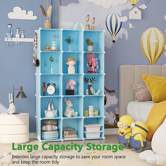 C&AHOME Cube Storage Organizer, 16-Cube Shelves Units, Plastic Storage Cubes, DIY Closet Organizer, Modular Closet Storage Shelves Ideal for Home, Bedroom, 48.4" L × 12.4" W × 48.4" H Blue UPCS16L