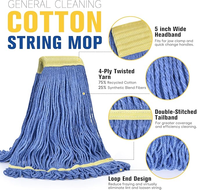 Matthew Cleaning Heavy Duty Mop Head Replacement, 5 Inch Wide Headband, Color Coded Looped End Cotton String Wet Mops for Floor Cleaning, Large Size 24 oz, 4 Pack