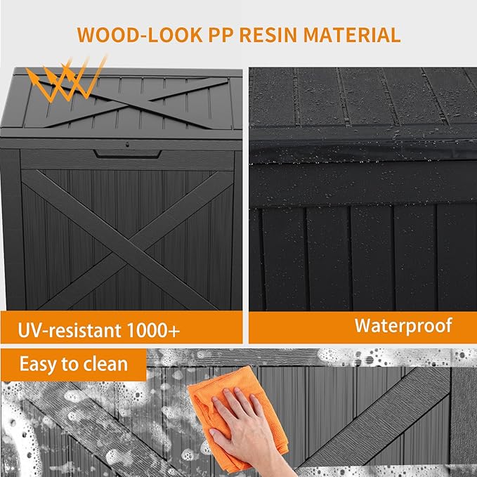 32 Gallon Outdoor Deck Box, Lockable Waterproof Outdoor Storage Boxes For Garden Tools,Indoor Cushions,Accessories Outside Storage Resin Weatherproof Container(Black)