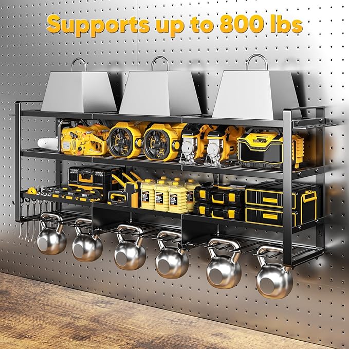 49.5" W Large Power Tool Organizer Wall Mount with Charging Station, 4 Tier Heavy Duty 12 Cordless Drills Holder Load 800 lb, Tool Battery Storage Rack Built in 8 Outlet Power Strip for Garage