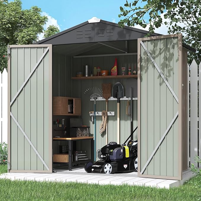 Flamaker 6x4 FT Storage Shed Waterproof Metal Garden Shed with Lockable Door Utility Tool Shed Outdoor Storage for Backyard, Patio and Lawn, Brown