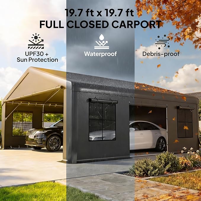 Outsunny 20' x 20' Heavy Duty Carport, Portable Garage Car Canopy Tent with Reinforced Galvanized Frame, 3 Roll-up Doors, 4 Mesh Windows for Cars, Trucks, Boats, Motorcycle, Bike, Dark Gray