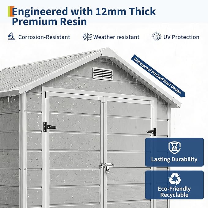 6x4 FT Outdoor Storage Shed with Floor, Plastic Resin Garden Shed with Window & Sloping Roof & Lockable Door for Patio Backyard Garden, Lawn Mower, Bike, Tool Storage