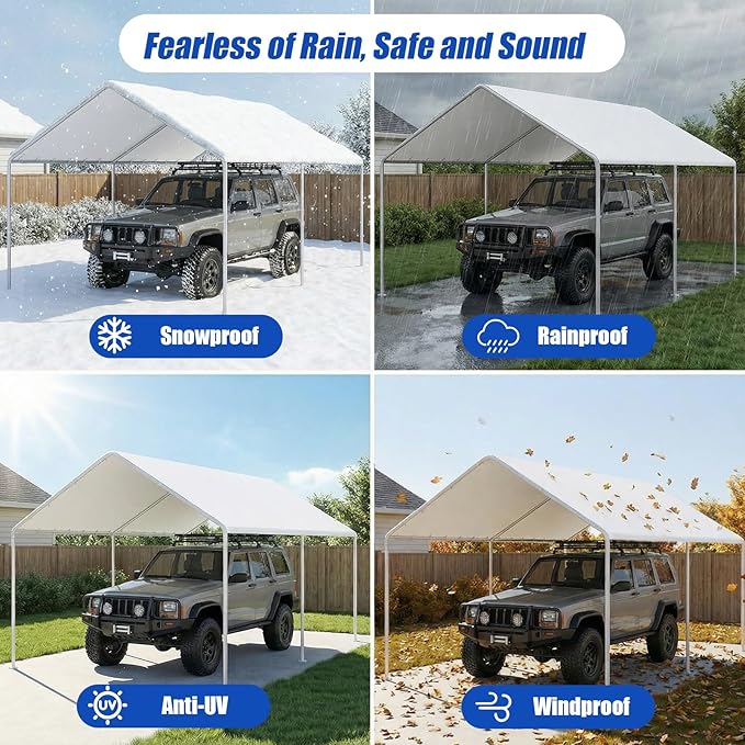 10x20Ft Carport Replacement Canopy Cover, Heavy Duty Waterproof Garage Top Shelter Cover Car Canopy with Ball Bungees(Frame Not Include)