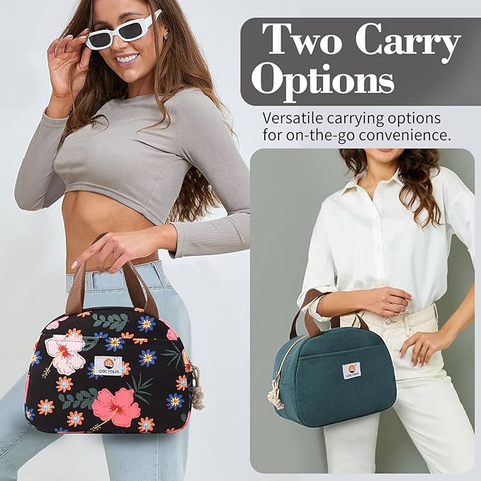 Lunch Box for Women Girls Teens,Cute Lunch Box Cooler Bag, Portable Insulated Small Lunch Bag Women Reusable Corduroy Lunch Tote for Work/Travel/Picnic/School (Flower)
