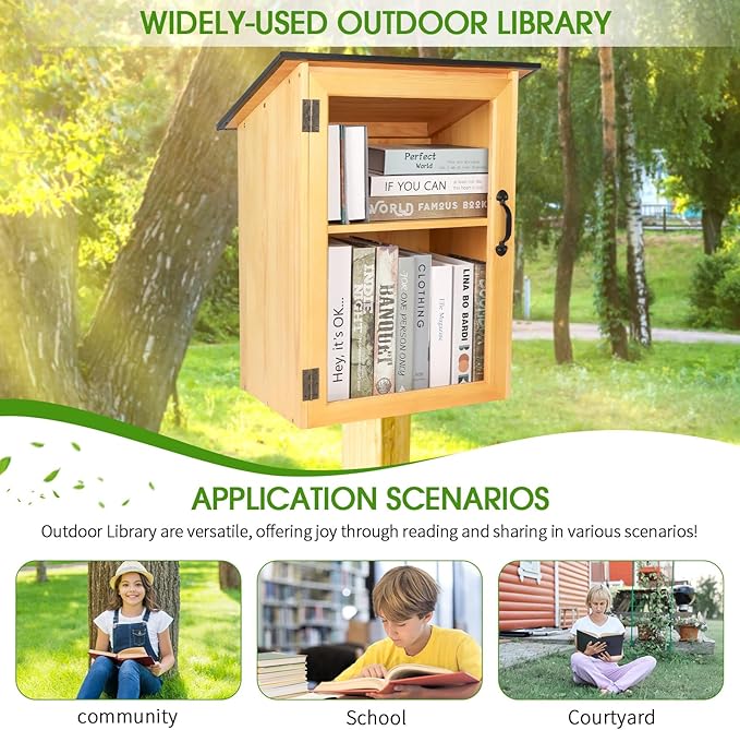 Outdoor Library Book Box - Double Free Literature Exchange Box Outdoor Book Storage Little Wood Cabinet with Shelf for DIY, Neighborhoods Community and Schools Sharing Books, Literature and Newspapers