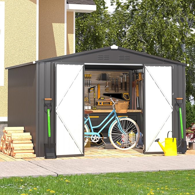 AECOJOY 8' x 10' Outdoor Storage Metal Shed, Dark Grey Steel Yard Shed & Outdoor Storage Clearance with Design of Lockable Doors, Utility and Tool Storage for Garden, Backyard, Patio, Outside use