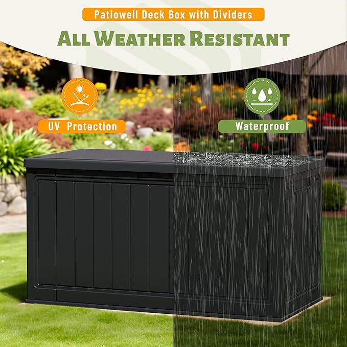 Patiowell 150 Gallon Large Outdoor Storage Box, Waterproof Deck Box with Fixed Divider, Lockable and Durable Patio Storage Solution for Patio Furniture and Garden Tools (Black)