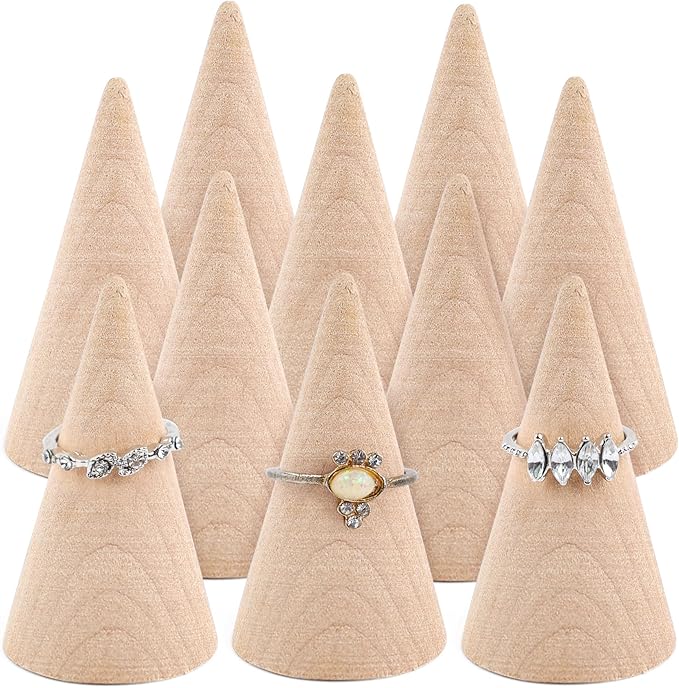Framendino, 10 Pack Natural Wood Cone Ring Holder Finger Jewelry Display Stand Organizer for DIY Craft (Tilted Shaped)