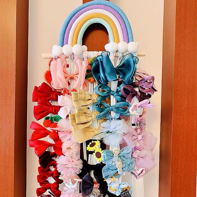 Rainbow Macrame Bow Holder Hanging Hair Bow Organizer for Girls, Hair Clip Holder Hair Clips Headband Storage Hanger Boho Wall Decor