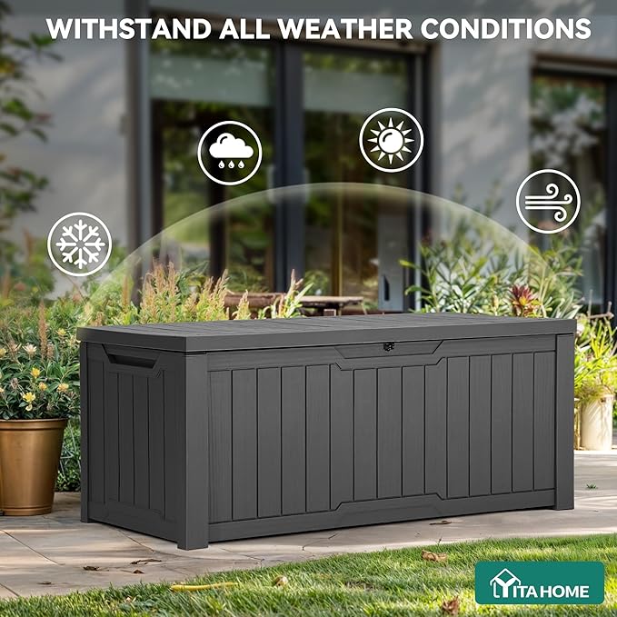 YITAHOME Outdoor Storage Box, 120 Gallon Waterproof Deck Box for Garden Tools, Patio Cushions, and Pool Accessories, Lockable, Easy Assembly, Versatile Bench or Table (Dark Gray)