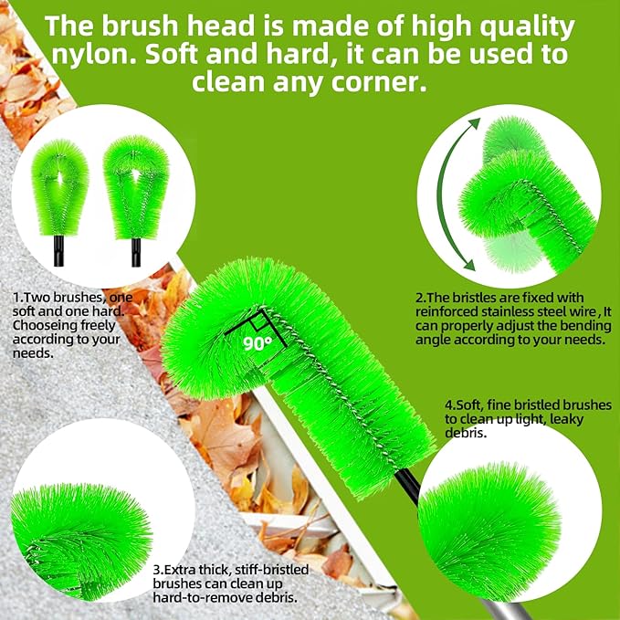 13FT Gutter Cleaner Tools, Long-Reach Rain Gutter Cleaning Brush, Removes Leaf Debris from Roof Gutters Without a Ladder, Leaf Cleaning Kit with 2 Brushes and Storage Bag, Green