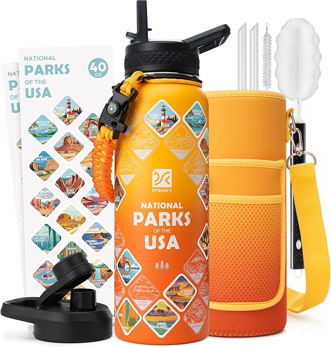 National Parks Water Bottle – 40 oz Insulated Stainless Steel Bottle with 63 Hand-Drawn Park Stickers, Carrier Bag, Strap & Gift Box – BPA-Free – Ideal for Hiking, Camping & Travel