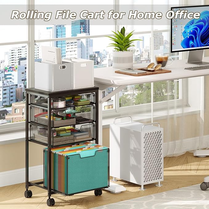Rolling File Cart with 4 Storage Drawers, Filing Cabinet for Home Office, Hanging File Folder Organizer with Wheels Under Desk, Utility Craft Cart Printer Stand, Black